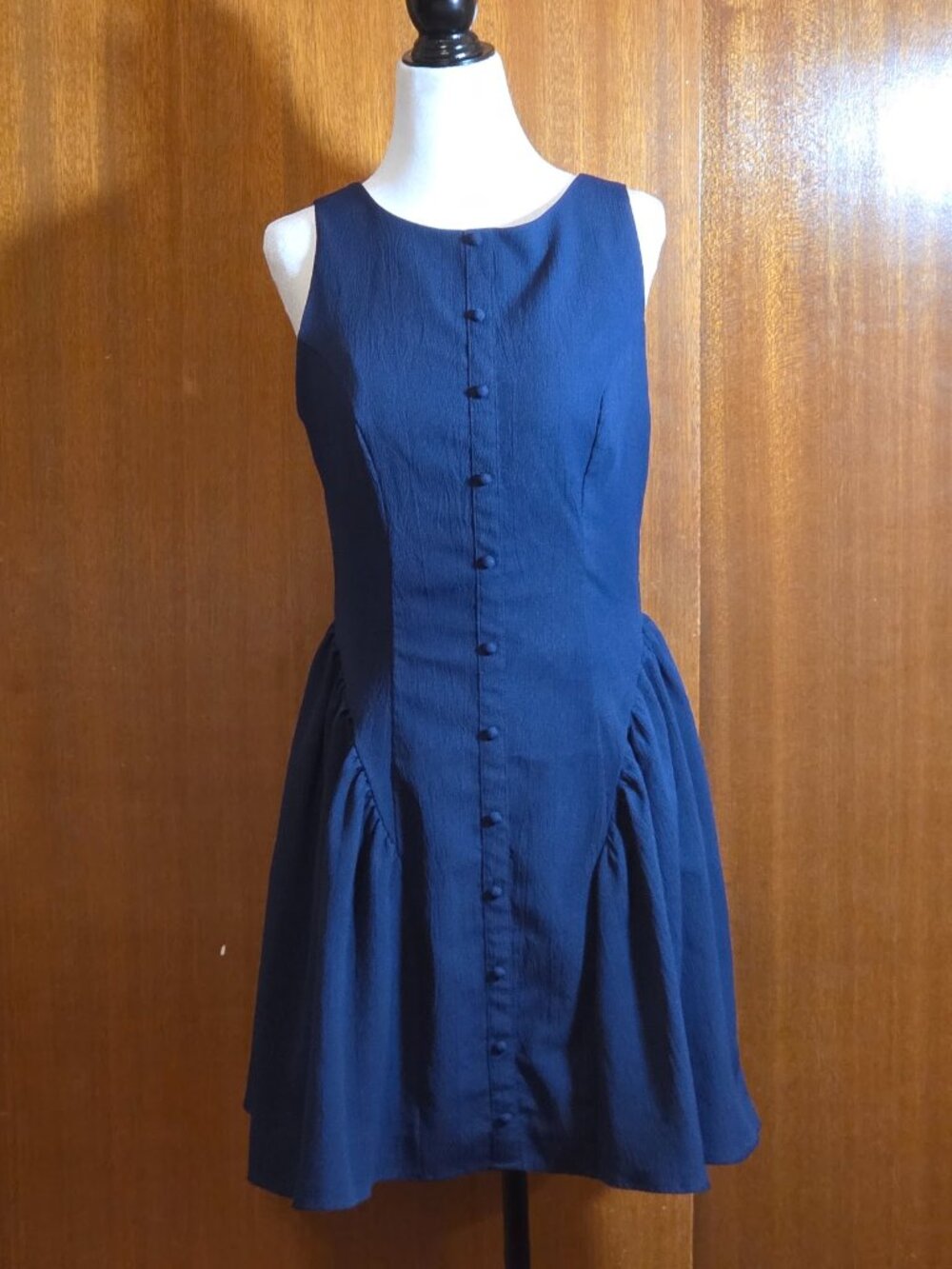 Poéselle Navy Blue Button Front Tie-Back Drop Hip Mini Dress - S     m